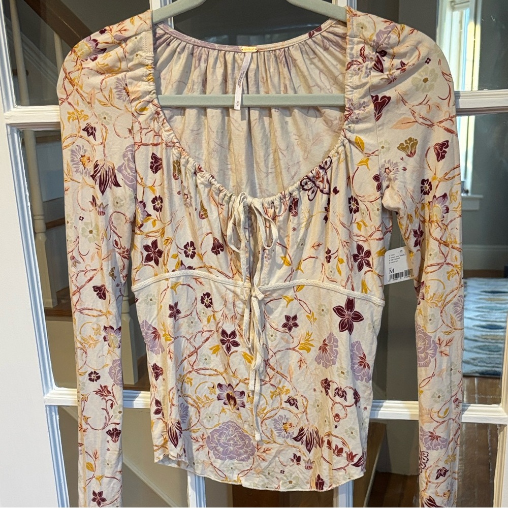 NWT Free People Cream Floral Tie-Front Fitted Top